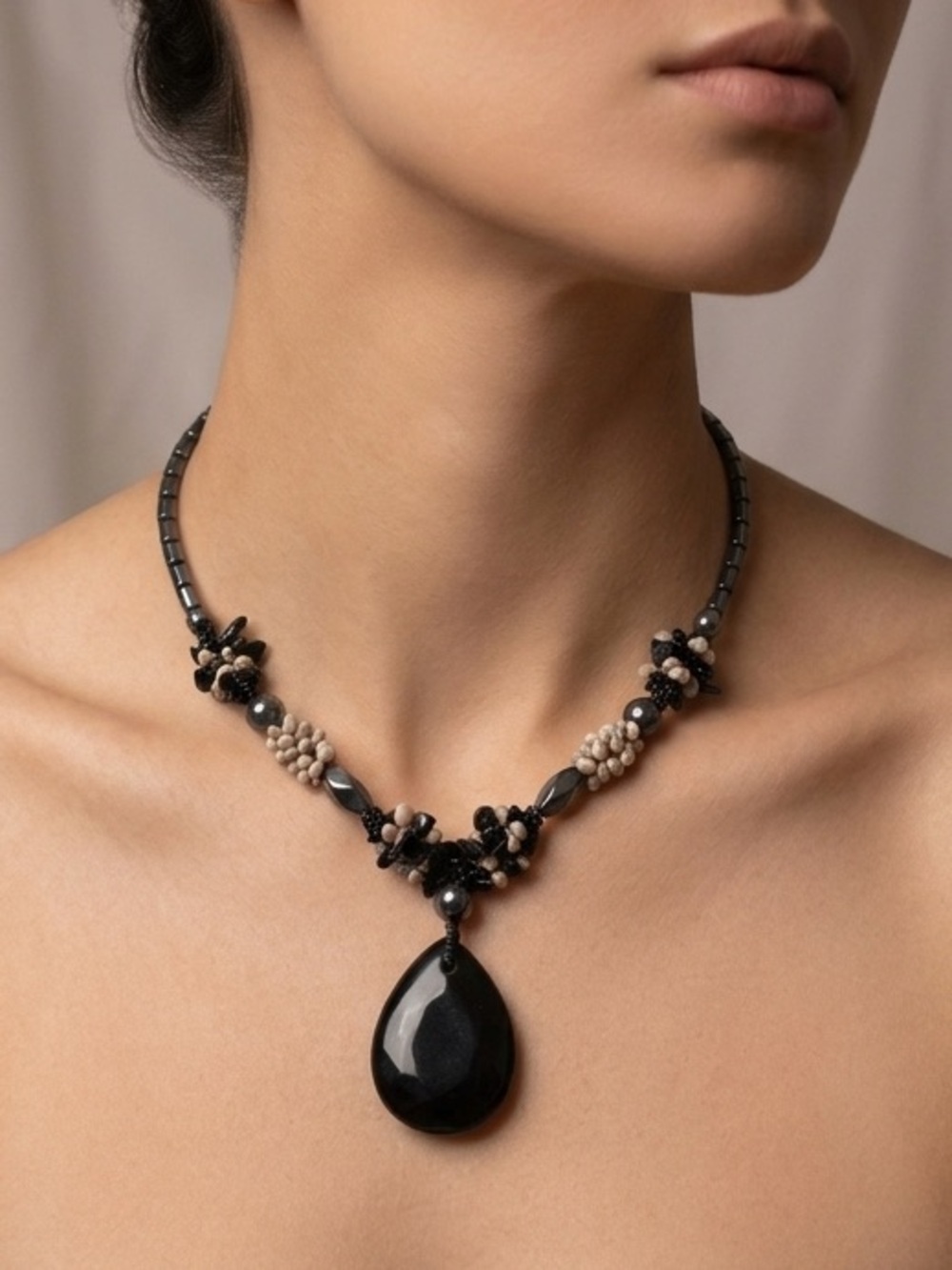 Vintage 80's Hematite Shell Black Beaded Necklace Teardrop Pendant - 20 Inches